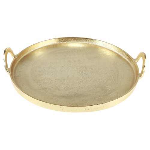Prodotto Vassoio rotondo in metallo dorato con manico 38×35×6,5 cm