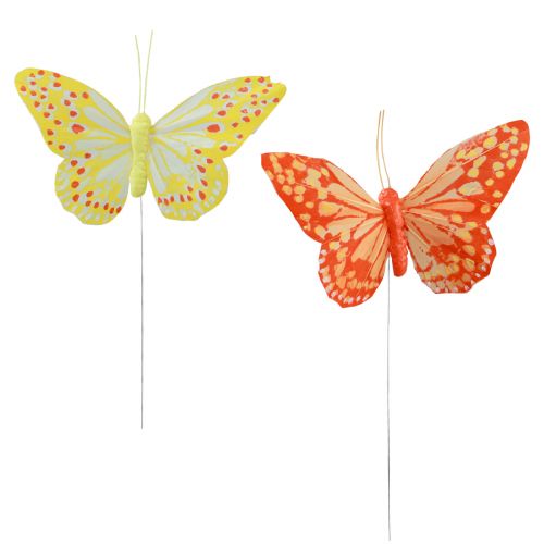 Farfalle decorative su filo piume giallo arancio cm 7×11 12pz