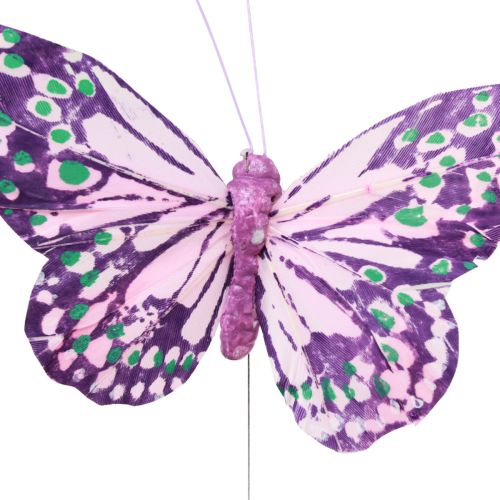 Prodotto Farfalle decorative su filo di piume viola rosa 7×10 cm 12 pz