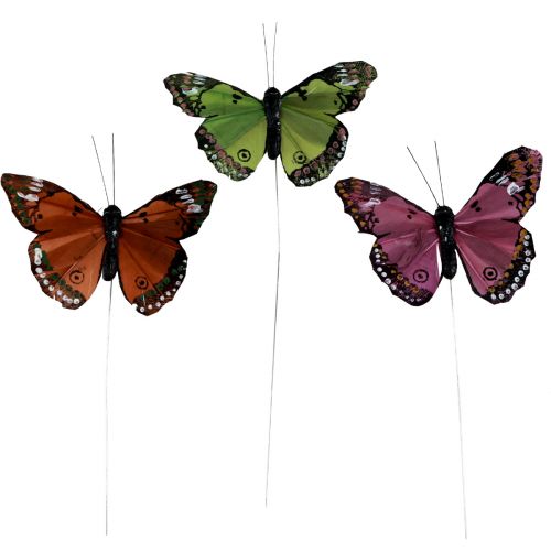 Farfalle decorative su filo piume verde rosa arancione cm 6,5×10 12pz