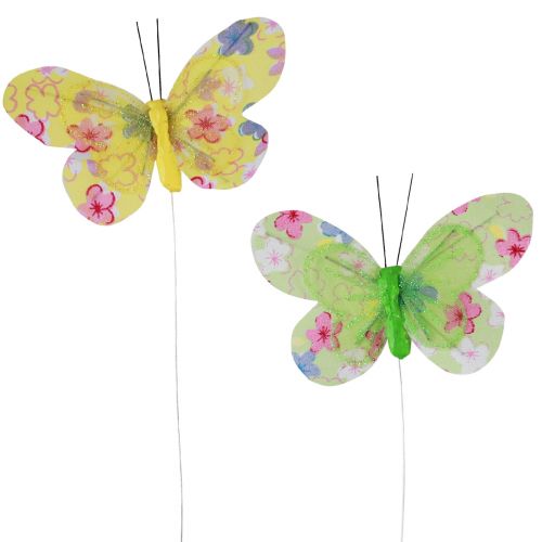 Floristik24 Farfalle decorative su filo fiori giallo verde 6×9 cm 12pz