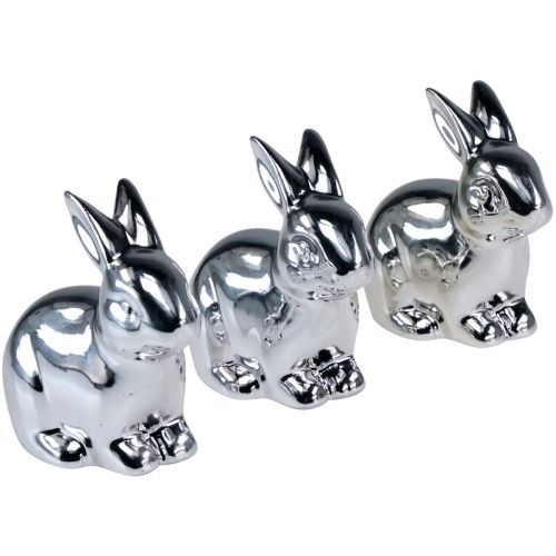 Floristik24 Coniglio argento seduto in ceramica aspetto metallo 8,5 cm 3 pz