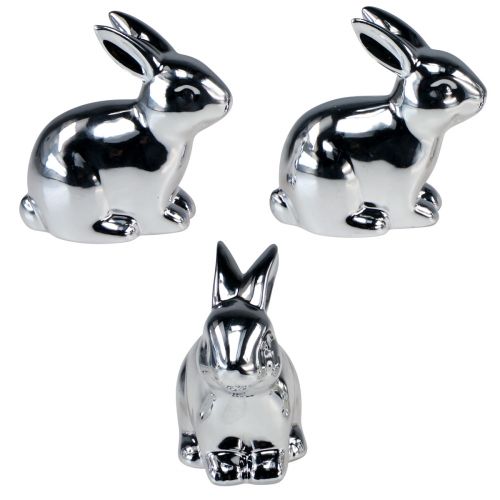 Floristik24 Coniglio argento seduto in ceramica aspetto metallo 8,5 cm 3 pz