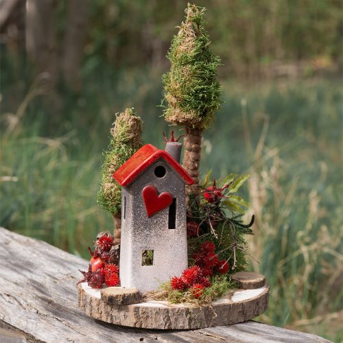 Floristik24 Lanterna per casa in ceramica con tetto rosso e finestra a cuore - 17,5 cm 2 pz