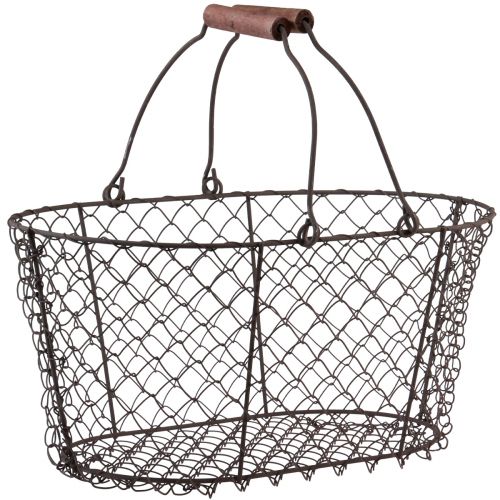 Floristik24 Cestino in filo metallico, cestino in rete, cestino in metallo, manico in ruggine, legno, L30 cm
