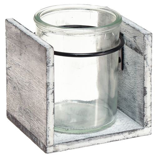 Floristik24 Portacandela in vetro con cornice rustica in legno - grigio-bianco, 10x9x10 cm - affascinante decorazione da tavolo 3 pezzi