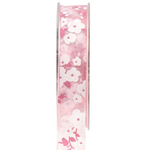 Floristik24 Nastro di organza rosa con fiori nastro regalo 20mm 20m