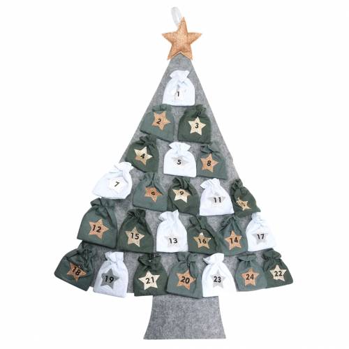 Floristik24 Calendario dell&#39;Avvento Albero di Natale con sacchetto in feltro grigio, bianco 120 × 80 cm