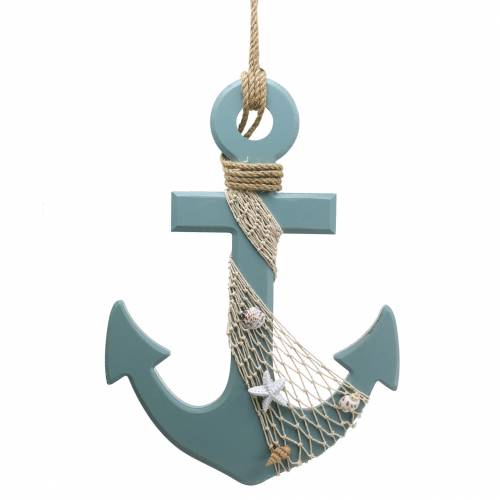 Ancora in legno con conchiglie azzurro 28,5×40cm