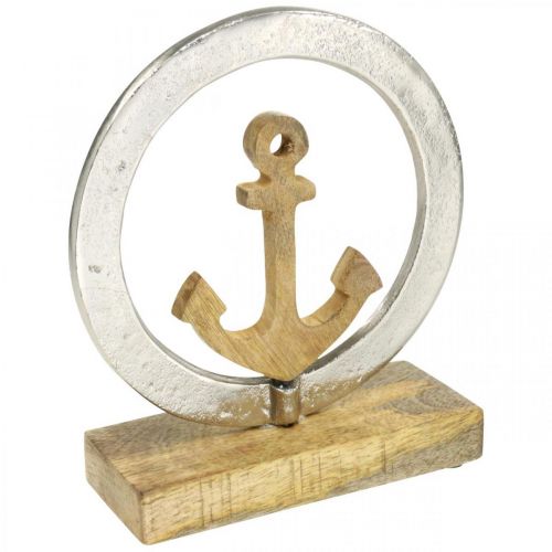 Decorazione marittima, ancora in legno nell&#39;anello, scultura, decorazione estiva nautica argento, colori naturali H19,5cm