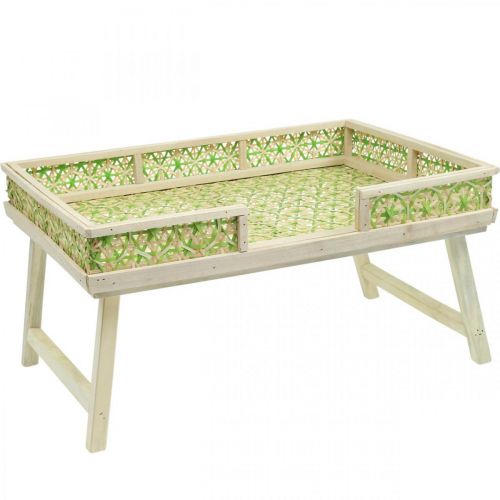 Vassoio da letto in bambù, vassoio da portata pieghevole, vassoio in legno con motivo intrecciato colori verde-naturale 51,5×37 cm