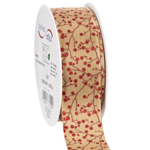 Rami decorativi in nastro con bacche rosse glitterate, 40 mm x 15 m