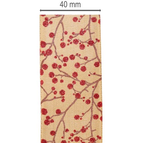 Rami decorativi in nastro con bacche rosse glitterate, 40 mm x 15 m | Floristik24.it