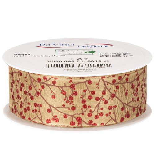 Rami decorativi in nastro con bacche rosse glitterate, 40 mm x 15 m | Floristik24.it