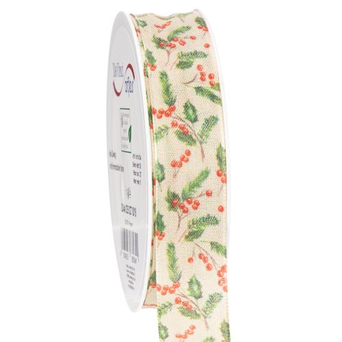 Nastro decorativo con agrifoglio e bacche, bordo dimensionalmente stabile, 25 mm, 18 m acquistare | Floristik24.it