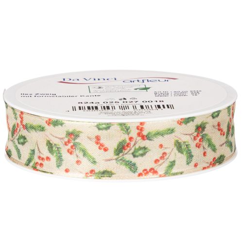 Nastro decorativo con agrifoglio e bacche, bordo dimensionalmente stabile, 25 mm, 18 m | Floristik24.it
