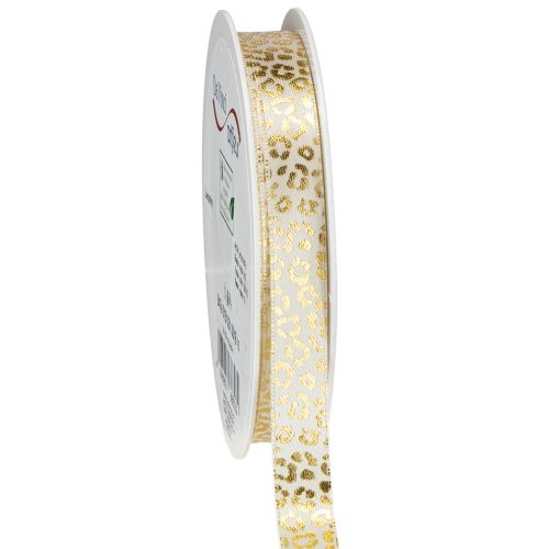 Nastro di seta con stampa leopardata, crema e oro, 15 mm, 18 m