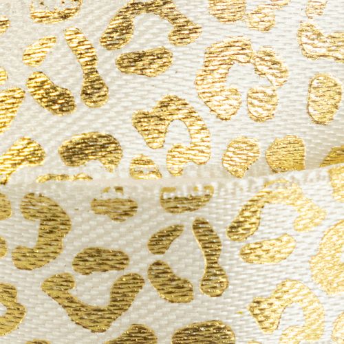 Prodotto Nastro di seta con stampa leopardata, crema e oro, 15 mm, 18 m