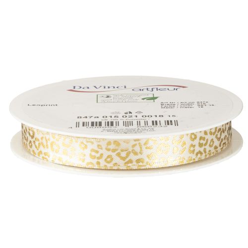 Prodotto Nastro di seta con stampa leopardata, crema e oro, 15 mm, 18 m