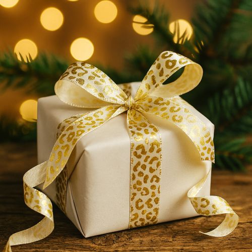 Prodotto Nastro di seta con stampa leopardata, crema e oro, 15 mm, 18 m