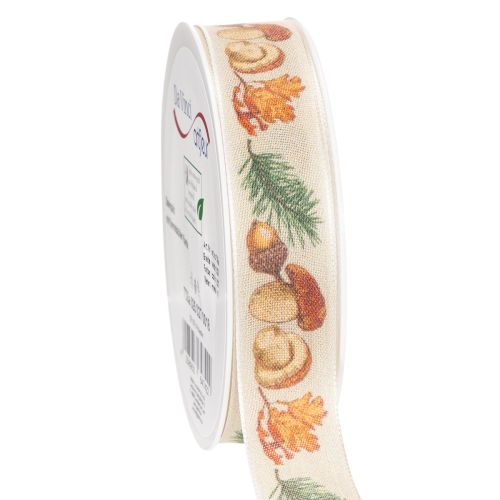 Nastro decorativo con motivo a funghi e foglie autunnali, largo 25 mm e lungo 18 m.
