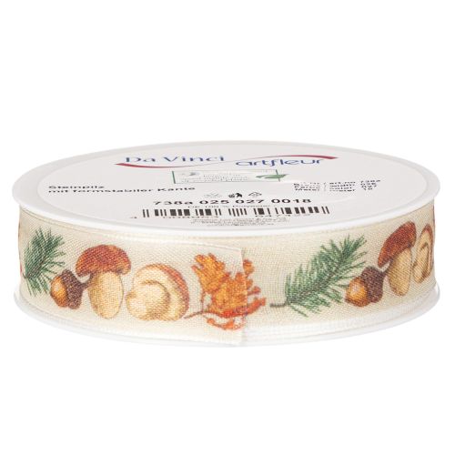 Nastro decorativo con motivo a funghi e foglie autunnali, largo 25 mm e lungo 18 m. | Floristik24.it