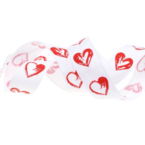Floristik24 Nastro decorativo bianco con cuori rossi 25mm 15m