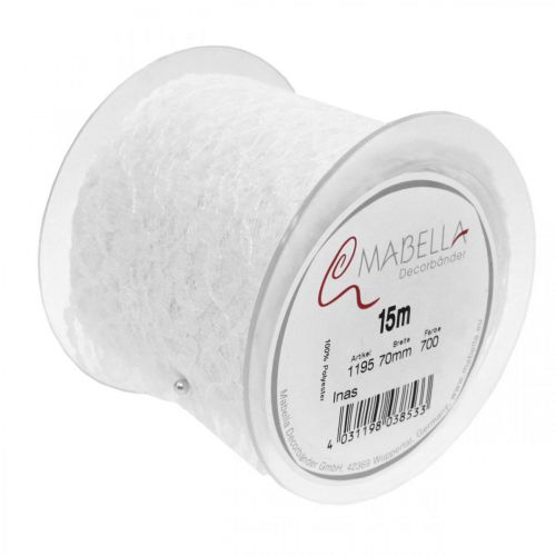 Floristik24 Nastro di pizzo floreale, runner da tavola, decorazione di nozze, nastro di gioielli bianco 70mm 15m