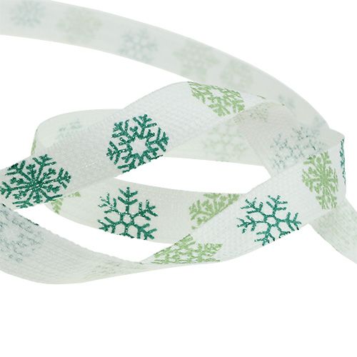 Floristik24 Nastro decorativo con fiocchi di neve bianco, verde 15mm 15m