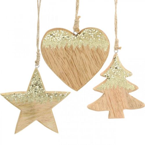 Decorazione natalizia stella / cuore / albero, ciondolo in legno, decorazione dell&#39;avvento H10 / 12,5 cm 3 pezzi