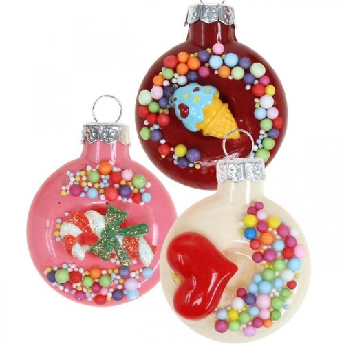 Ciambelle con ciondolo albero, decorazione in vetro, mix di decorazioni per albero di Natale H4.5cm vero vetro 6 pezzi