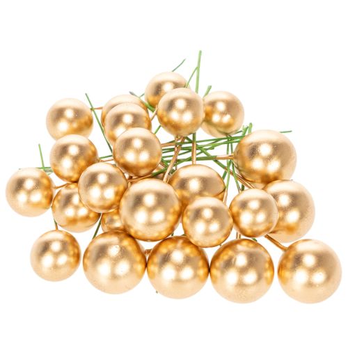 Palline artificiali di bacche dorate su filo per composizioni festive, 2 cm, 48 pezzi | Floristik24.it