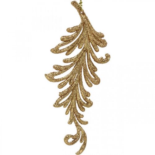 Prodotto Ciondoli albero con glitter, piume decorative da appendere, addobbi natalizi dorati L16cm 6 pz