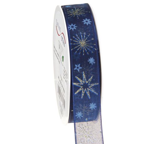 Nastro natalizio blu con stelle dorate 25mm 20m