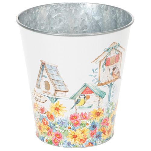 Floristik24 Vaso in latta con casette per uccelli, decorazione estiva, fioriera H14,5cm Ø13,5cm