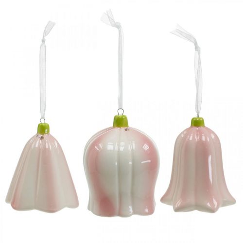 Floristik24 Campanella in fiore da appendere rosa, ceramica fiore crema H 8,5 cm 3 pezzi