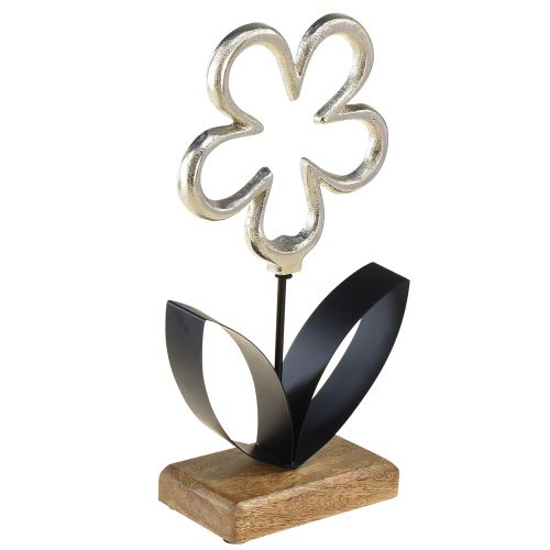 Fiore Decorazione in Metallo Argento Nero Base in Legno 15×30cm