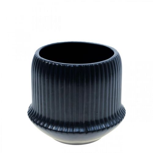 Vaso da fiori fioriera in ceramica scanalature nero Ø10cm H8.5cm