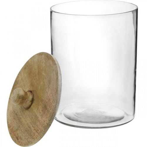 Barattolo di vetro, bomboniera con coperchio in legno, vetro decorativo colore naturale, trasparente Ø17cm H24,5cm