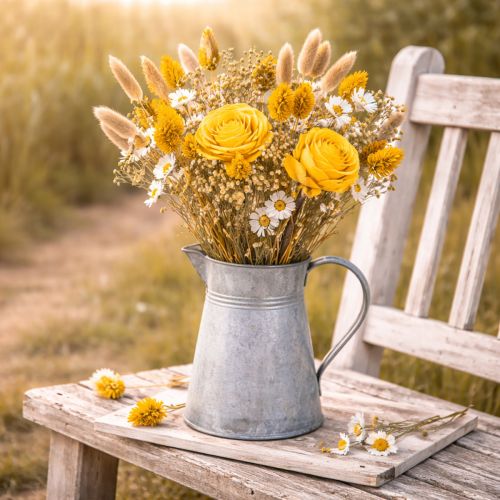 Prodotto Bouquet di fiori secchi con rose in legno di Sola. Elegante bouquet per decorare la casa in modo naturale. 50 cm