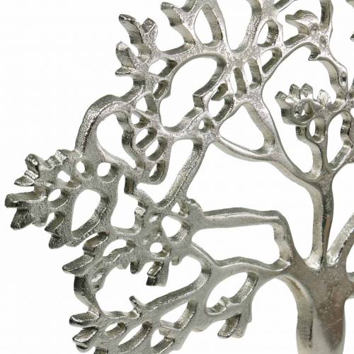 Prodotto Albero in metallo, faggio decorativo su base in legno, decorazione in metallo argentato, albero della vita, legno di mango