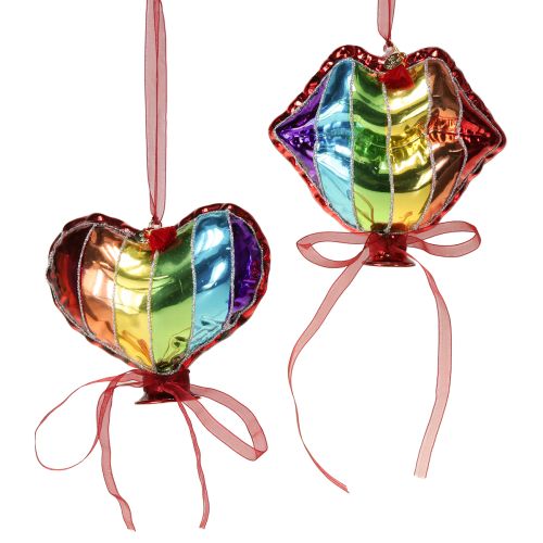 Palline di Natale colorate in vetro, palloncini a forma di cuore e bacio, bocca, 12 cm, 2 pezzi