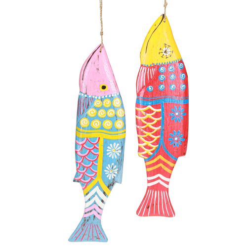 Prodotto Decorazione a forma di pesce in legno colorato da appendere rosso blu assortiti 38cm 2pz