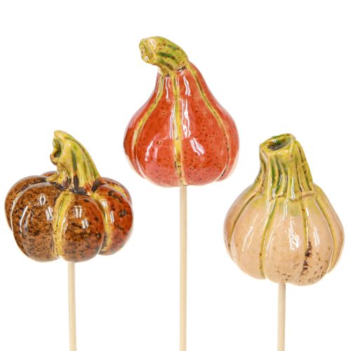 Mini zucche colorate su bastoncino decorazione in ceramica 5-6,5 cm 3 pezzi