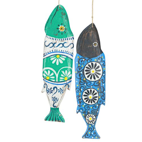 Prodotto Decorazione in legno a forma di pesce colorato da appendere blu e verde 38cm 2 pezzi