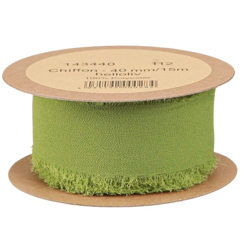 Prodotto Nastro in chiffon verde con frange, verde oliva chiaro, 40 mm, 15 m