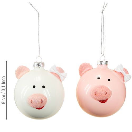 Prodotto Pallina per albero di Natale maialino rosa bianco palla di vetro Ø8cm 2 pezzi