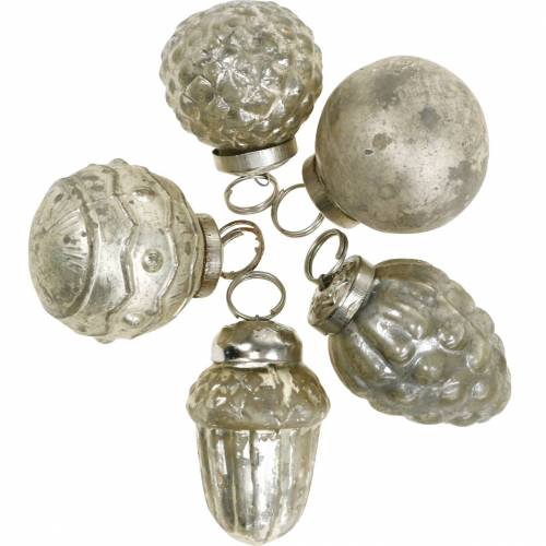 Floristik24 Mini decorazioni per alberi frutta autunnale e palline madreperla, argento antico vero vetro 3,4–4,4 cm 10 pezzi