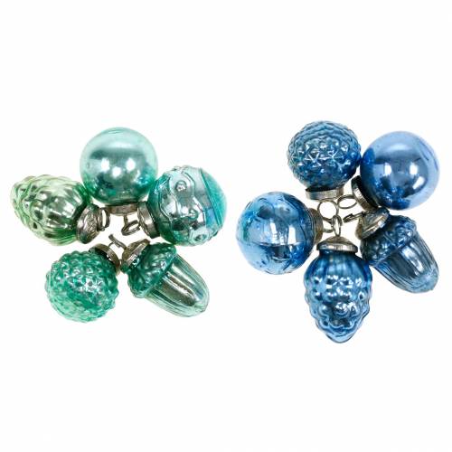 Floristik24 Mini decorazione dell&#39;albero mix di frutti autunnali e palline blu/verde, argento vero vetro 3,4–4,4 cm 10 pezzi