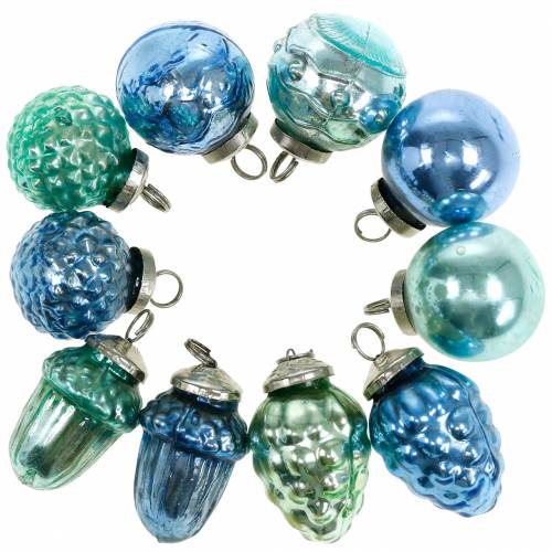 Floristik24 Mini decorazione dell&#39;albero mix di frutti autunnali e palline blu/verde, argento vero vetro 3,4–4,4 cm 10 pezzi